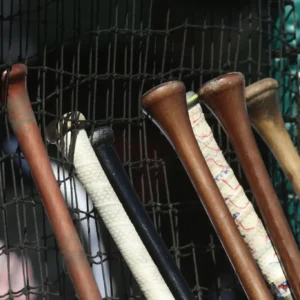 Wooden baseball bats leaning against netting