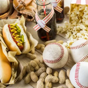 Hot dogs, popcorn, peanuts, and baseballs
