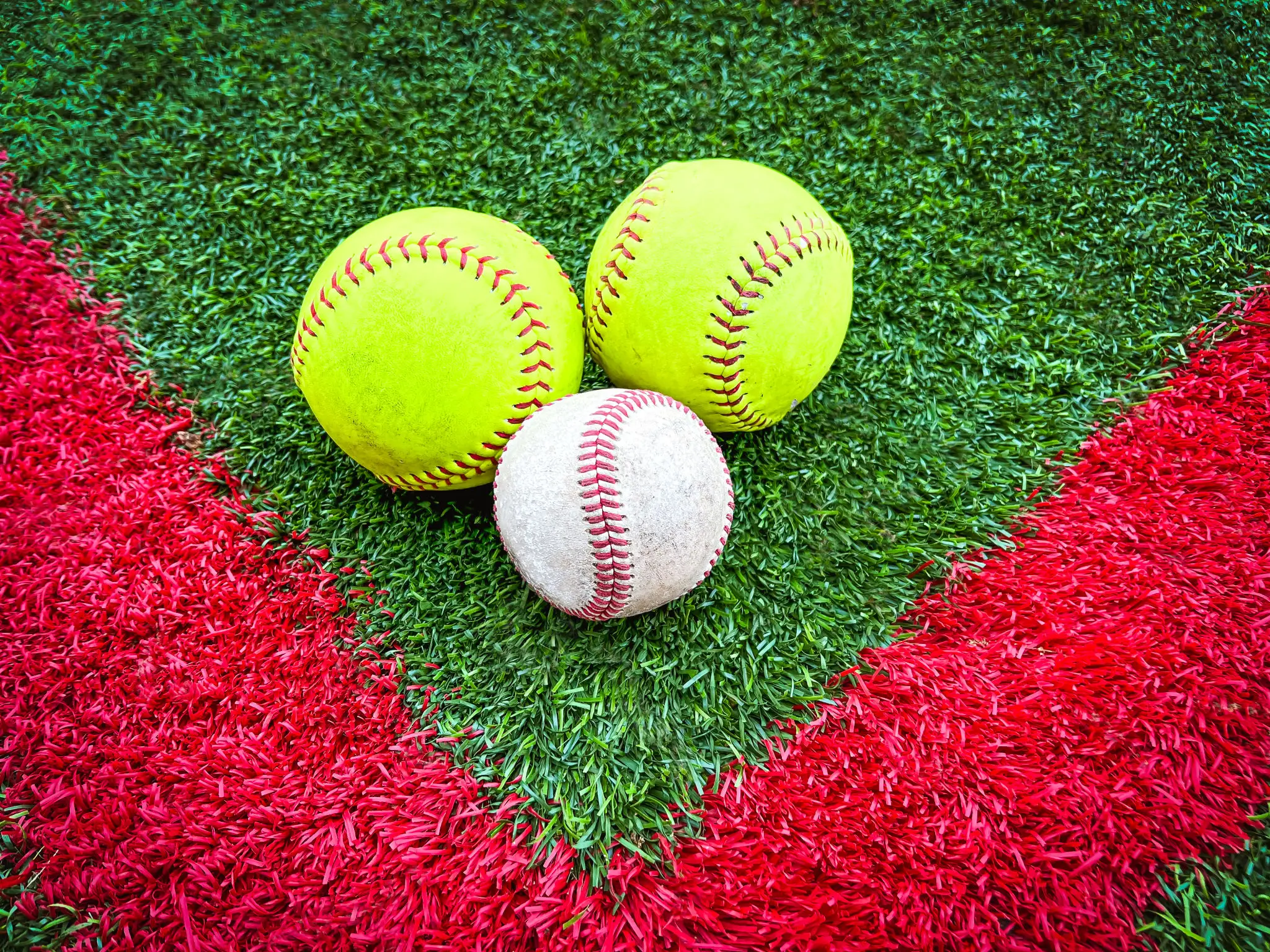 Baseball and two yellow softballs on turf